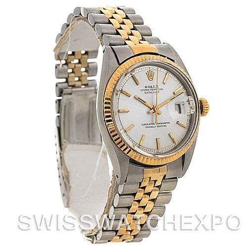 This is a side-angle view of the Rolex Vintage Collection 1601 Men's Stainless Steel Silver Dial 1601 Men's Stainless Steel Silver Dial model, showing the watch face, bezel, crown, and two-tone bracelet.