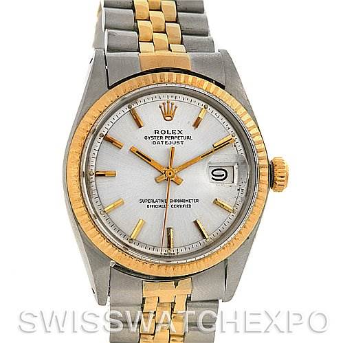The image shows a frontal view of the Rolex Vintage Collection 1601 Men's Stainless Steel Silver Dial 1601 Men's Stainless Steel Silver Dial Datejust, displaying the dial, bezel, crown, and bracelet.