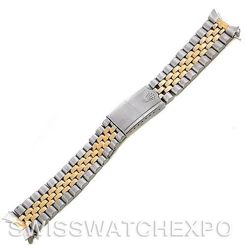 This image shows a two-tone metal bracelet for the Rolex Vintage Collection 1601 Men's Stainless Steel Silver Dial 1601 Men's Stainless Steel Silver Dial watch, laid flat, highlighting the clasp and links.