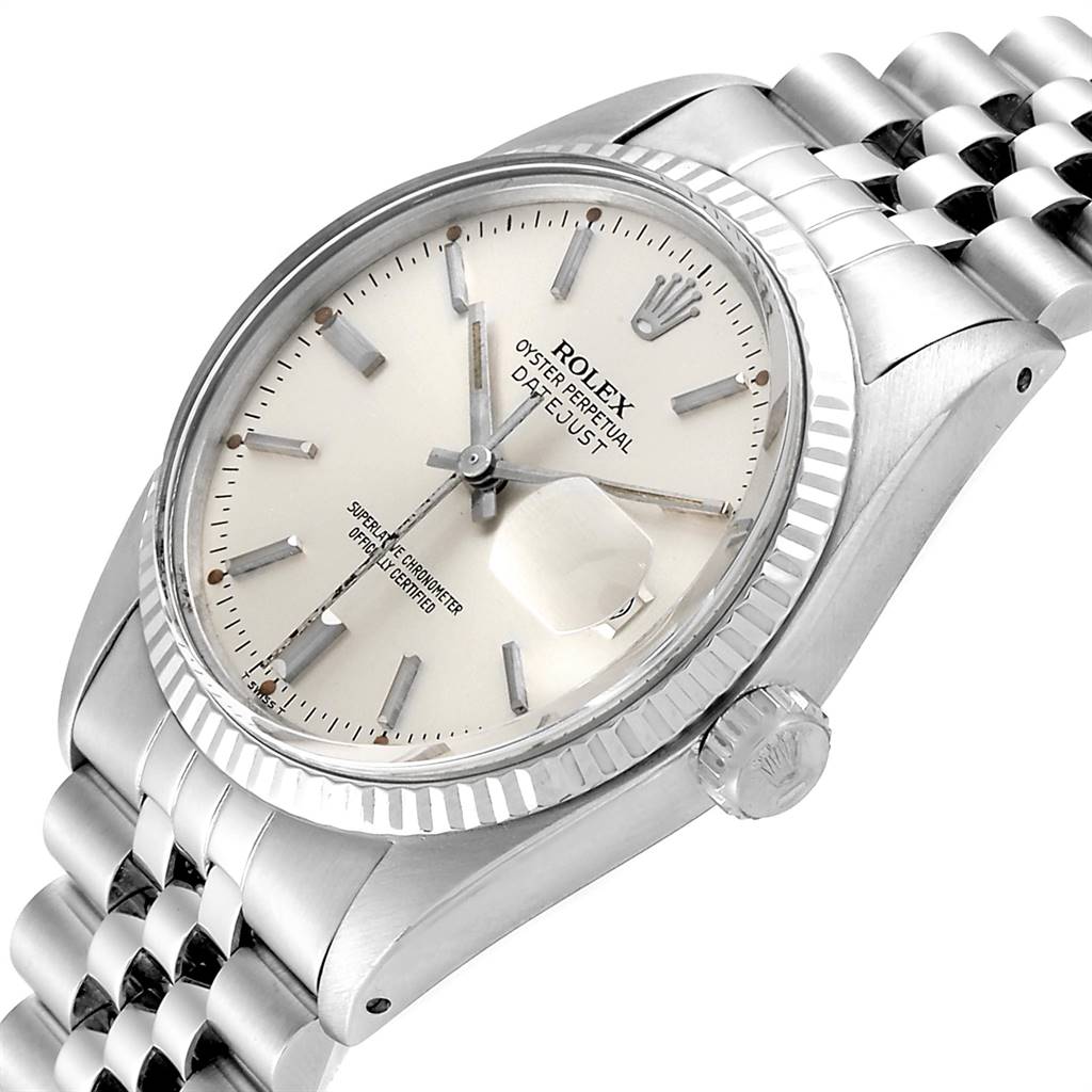 The image shows a Rolex Vintage Collection 16014 Men's Stainless Steel Silver Dial 16014 Men's Stainless Steel Silver Dial Datejust watch at an angled close-up, highlighting its dial, crown, and bracelet.
