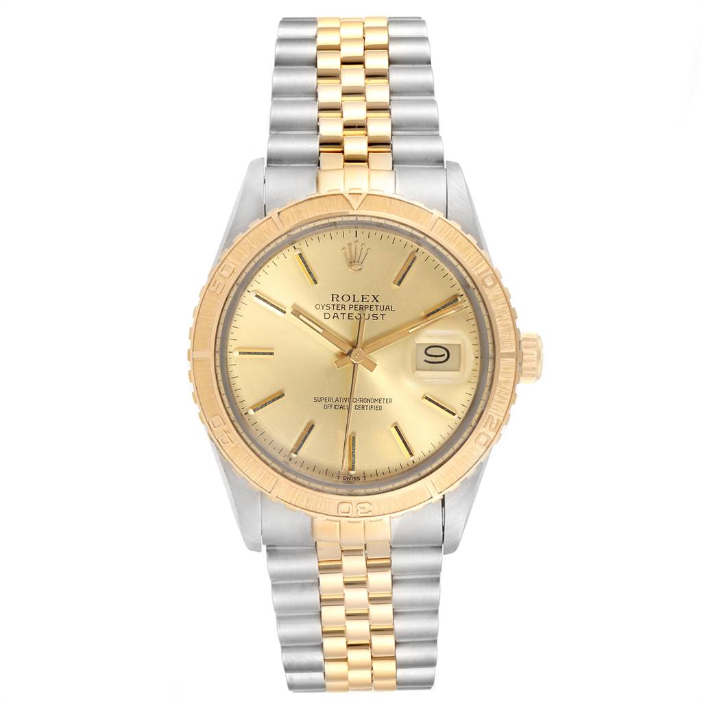 This Rolex Vintage Collection 16253 Men
s Steel and Gold (two tone) Champagne Dial 16253 Men
s Steel and Gold (two tone) Champagne Dial model shows the face, bezel, and bracelet from a straight-on angle.