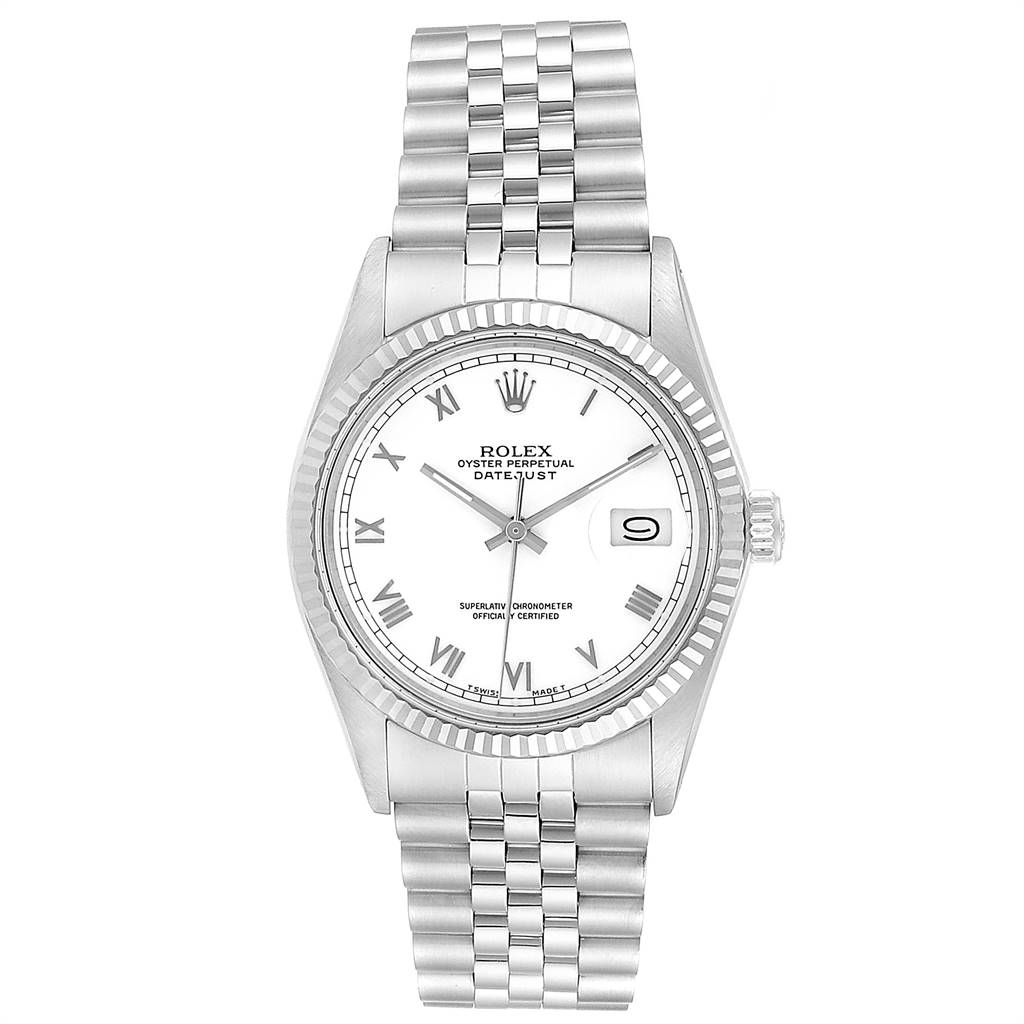 The image shows a front view of the Rolex Vintage Collection 16014 Men's Stainless Steel White Dial 16014 Men's Stainless Steel White Dial model, displaying its dial, bezel, and bracelet.