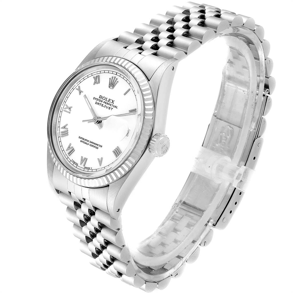 The Rolex Vintage Collection 16014 Men's Stainless Steel White Dial 16014 Men's Stainless Steel White Dial model watch is shown at an angled side view, displaying the face, bezel, crown, and bracelet.