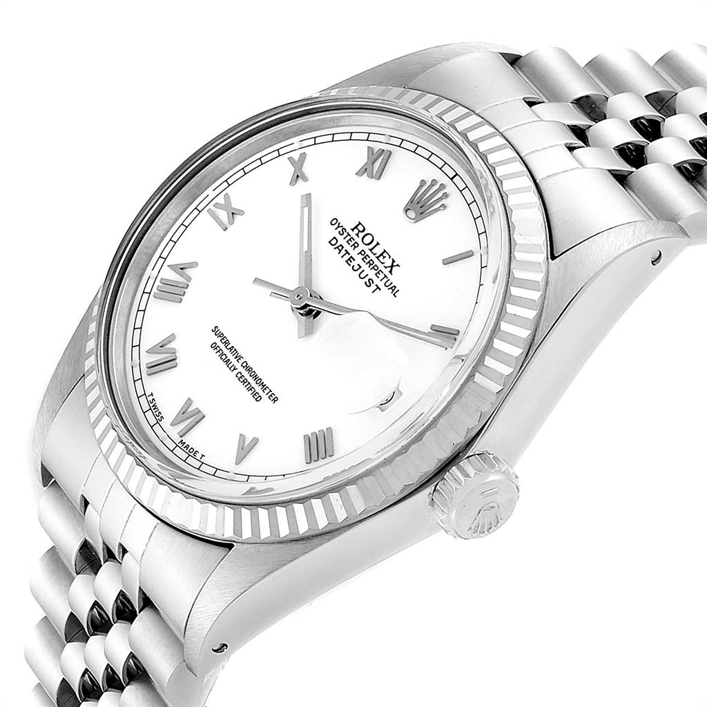 This image shows a close-up angle of the Rolex Vintage Collection 16014 Men's Stainless Steel White Dial 16014 Men's Stainless Steel White Dial watch, highlighting the face, bezel, crown, and bracelet.