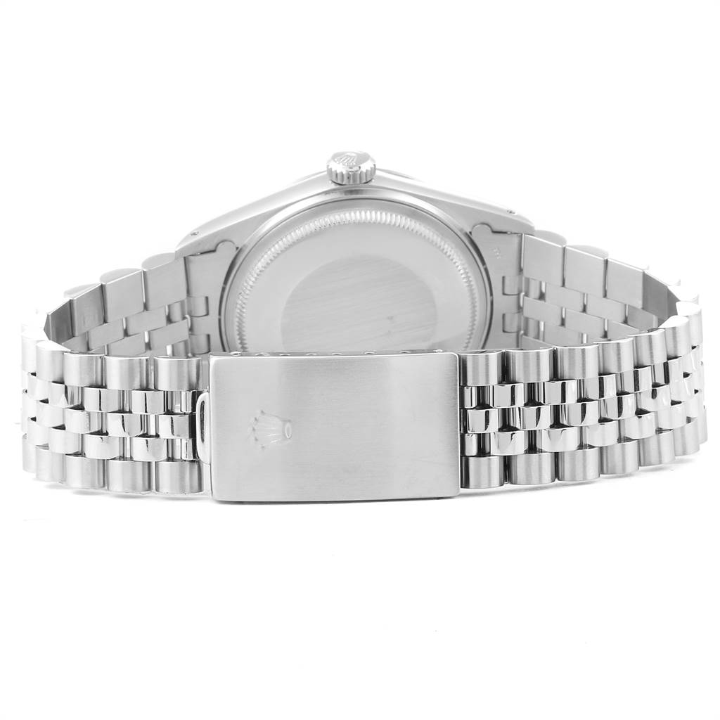 The image shows the back view of a Rolex Vintage Collection 16014 Men's Stainless Steel White Dial 16014 Men's Stainless Steel White Dial model watch, focusing on the clasp, bracelet, and case back.