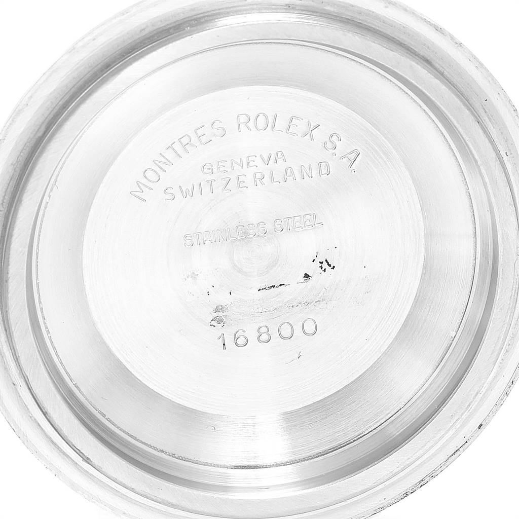 This image shows the inside case back of a Rolex Vintage Collection 16800 Men's Stainless Steel Black Dial 16800 Men's Stainless Steel Black Dial watch model 16800.
