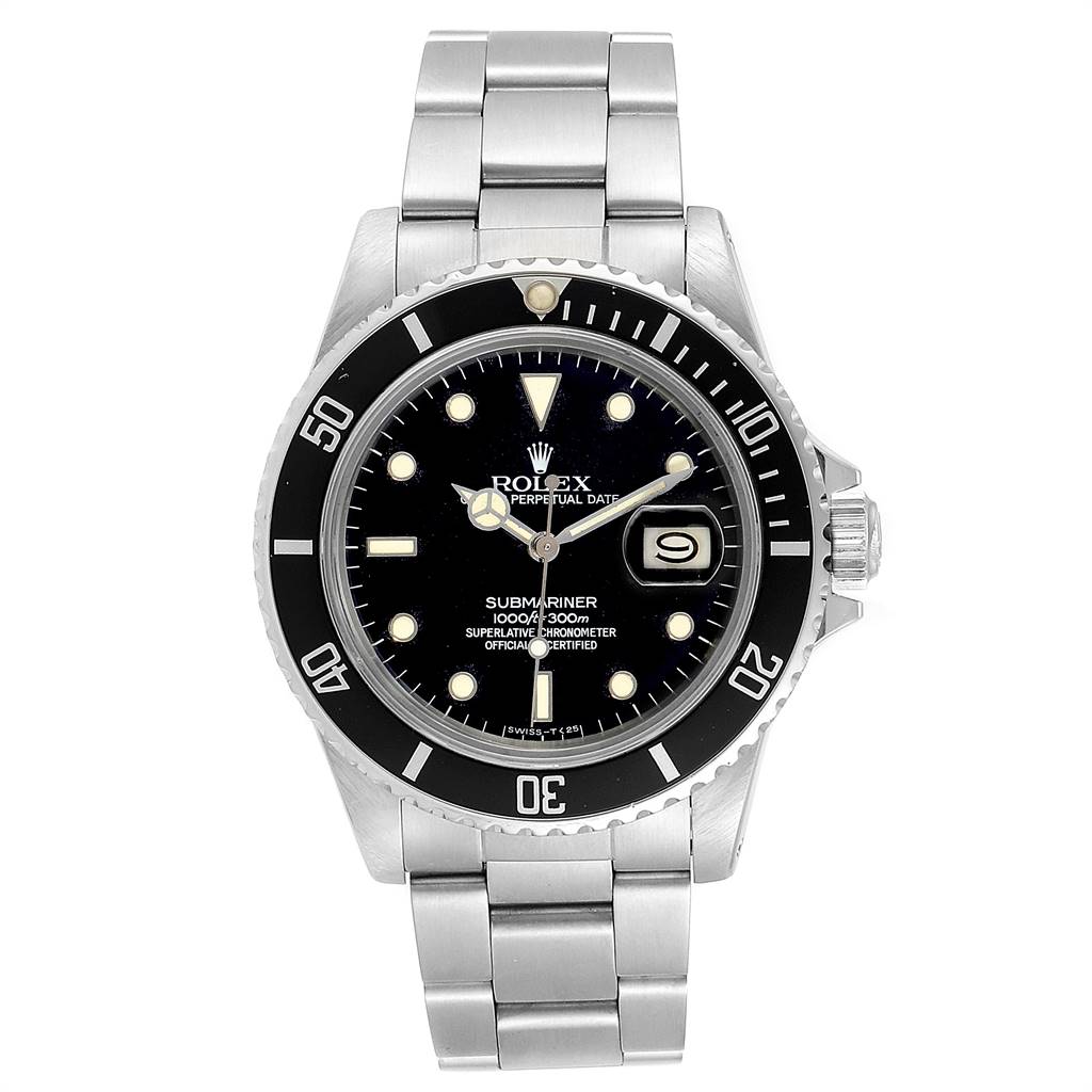 The image shows a front view of the Rolex Vintage Collection 16800 Men's Stainless Steel Black Dial 16800 Men's Stainless Steel Black Dial Submariner watch, displaying the dial, bezel, and bracelet.