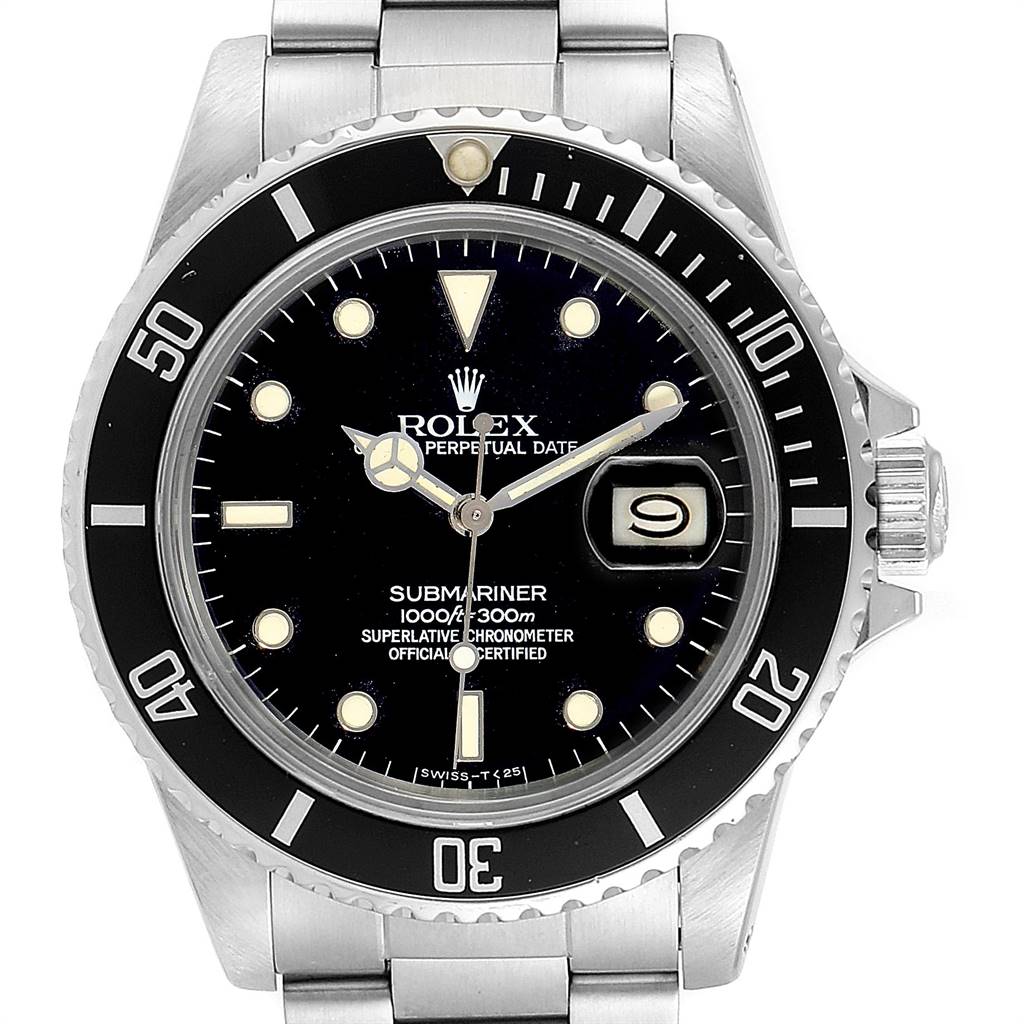 This is a front view of the Rolex Vintage Collection 16800 Men's Stainless Steel Black Dial 16800 Men's Stainless Steel Black Dial Submariner, showcasing the dial, hands, date, and bezel.
