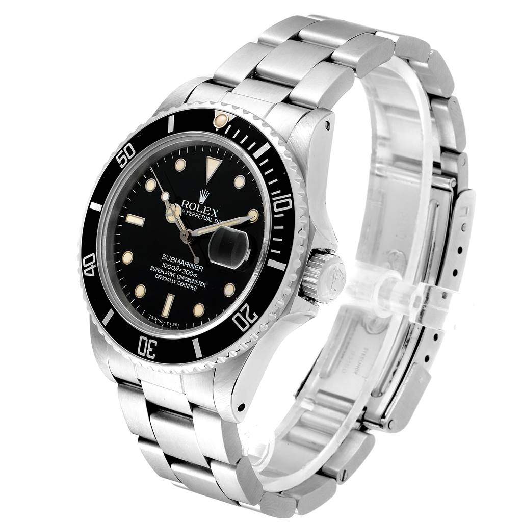 This Rolex Vintage Collection 16800 Men's Stainless Steel Black Dial 16800 Men's Stainless Steel Black Dial model is shown at a slight angle, highlighting its black dial, bezel, and stainless steel bracelet.