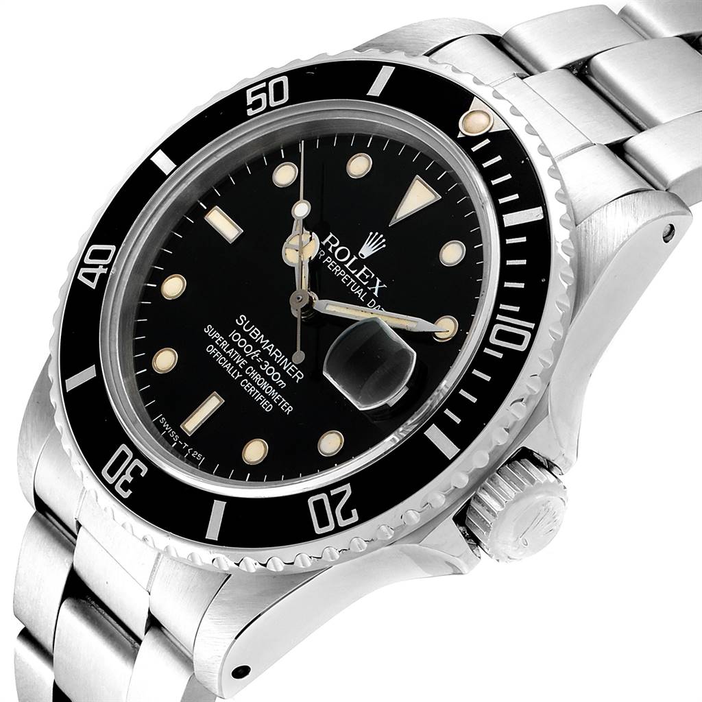 The image shows a side and front angle of a Rolex Vintage Collection 16800 Men's Stainless Steel Black Dial 16800 Men's Stainless Steel Black Dial Submariner watch, displaying the dial, bezel, and bracelet.