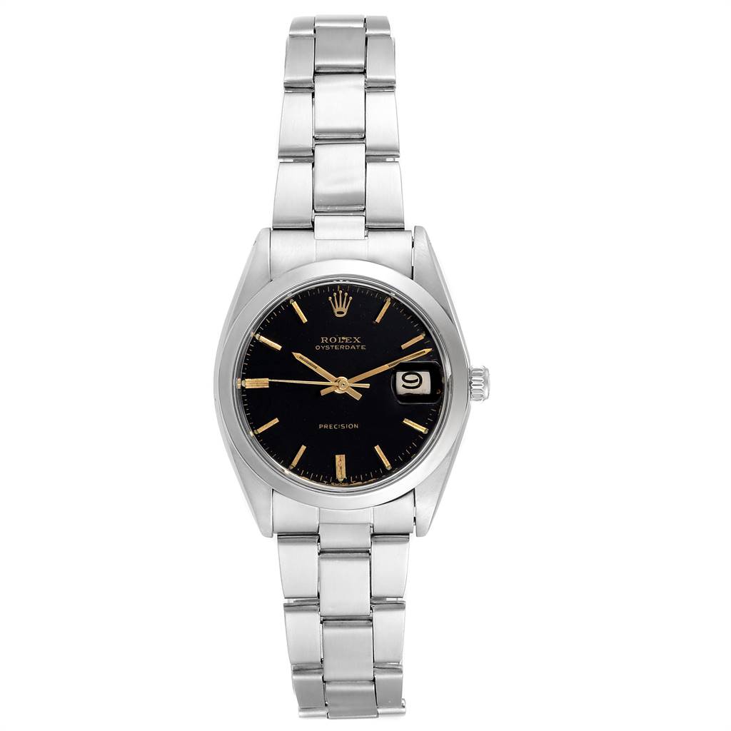 This Rolex Vintage Collection 6694 Men's Stainless Steel Black Dial 6694 Men's Stainless Steel Black Dial model is shown from a top-down angle, displaying its black dial, date window, and stainless steel bracelet.