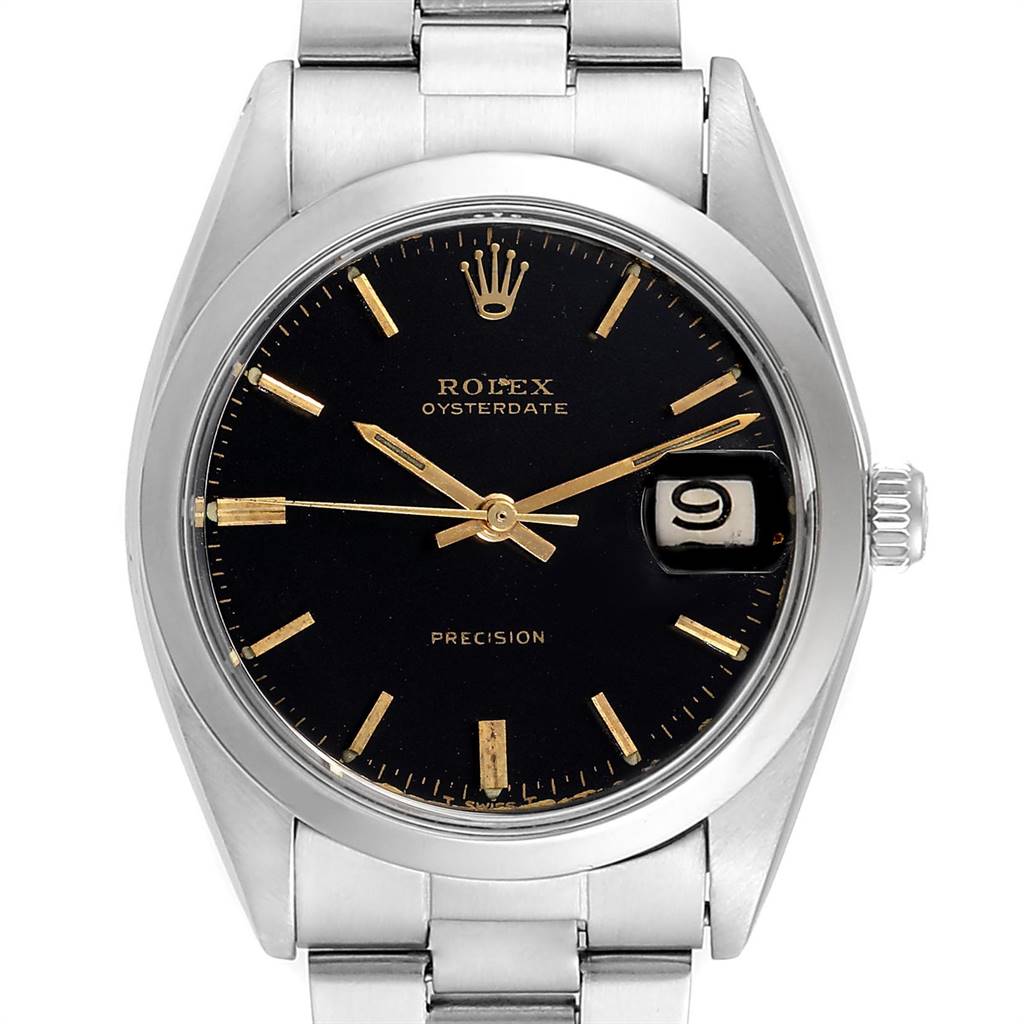 The image shows a close-up view of the dial and bracelet of the Rolex Vintage Collection 6694 Men's Stainless Steel Black Dial 6694 Men's Stainless Steel Black Dial Oysterdate watch.