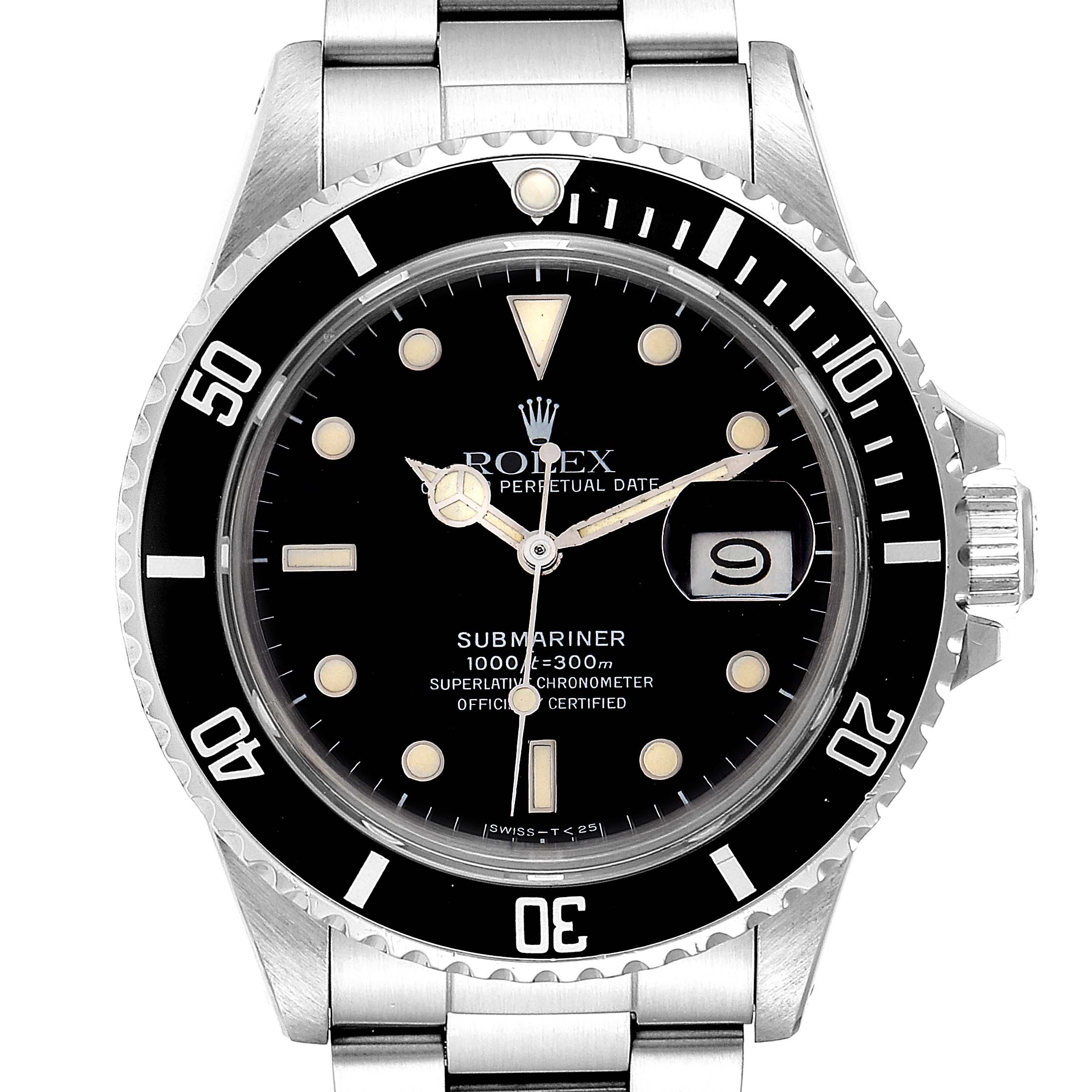 This image shows a front view of the Rolex Vintage Collection 16800 Men's Stainless Steel Black Dial 16800 Men's Stainless Steel Black Dial Submariner watch, highlighting its face, bezel, and part of the bracelet.