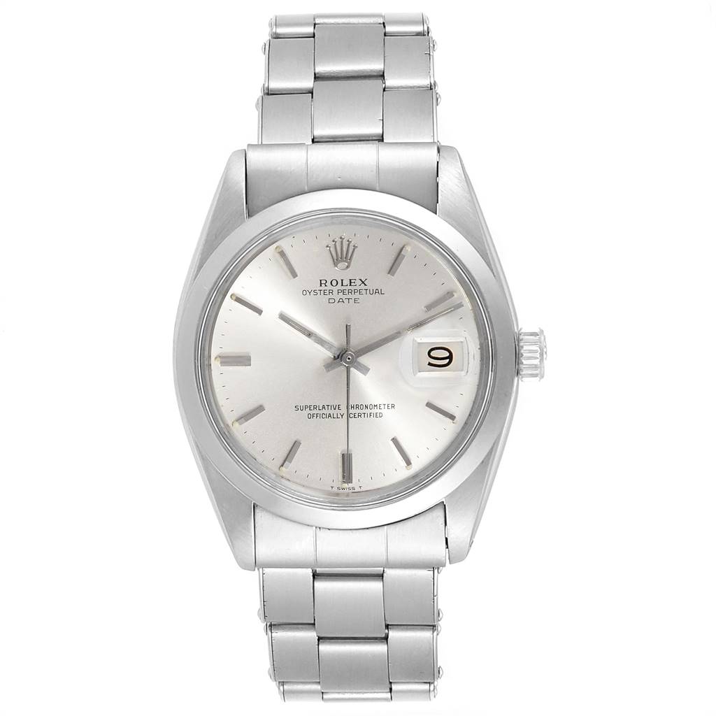 The image shows a front view of a Vintage Collection Rolex Oyster Perpetual Date watch, displaying the dial, case, and bracelet.