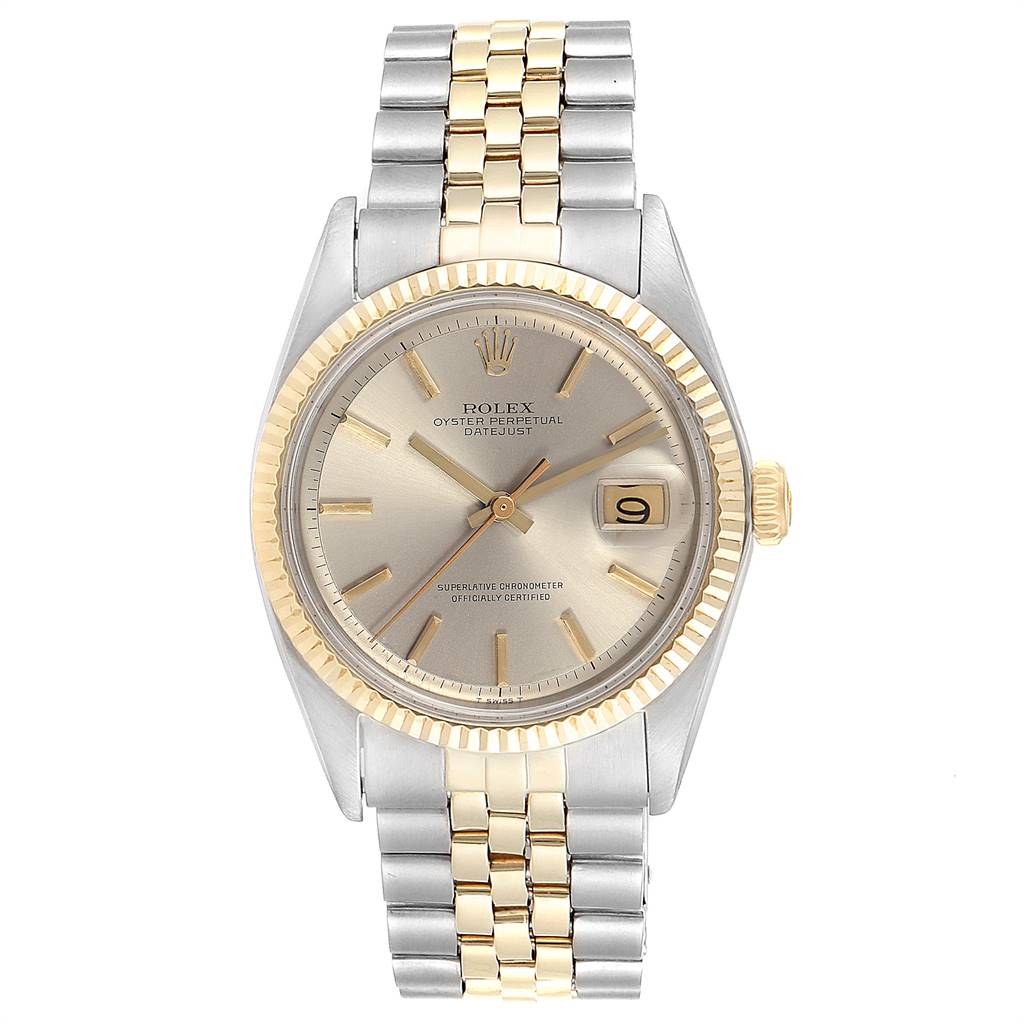 This image shows a frontal view of a Rolex Vintage Collection 1601 Men
s Steel and Gold (two tone) Silver Dial 1601 Men
s Steel and Gold (two tone) Silver Dial model watch, highlighting the dial, bezel, and two-tone bracelet.
