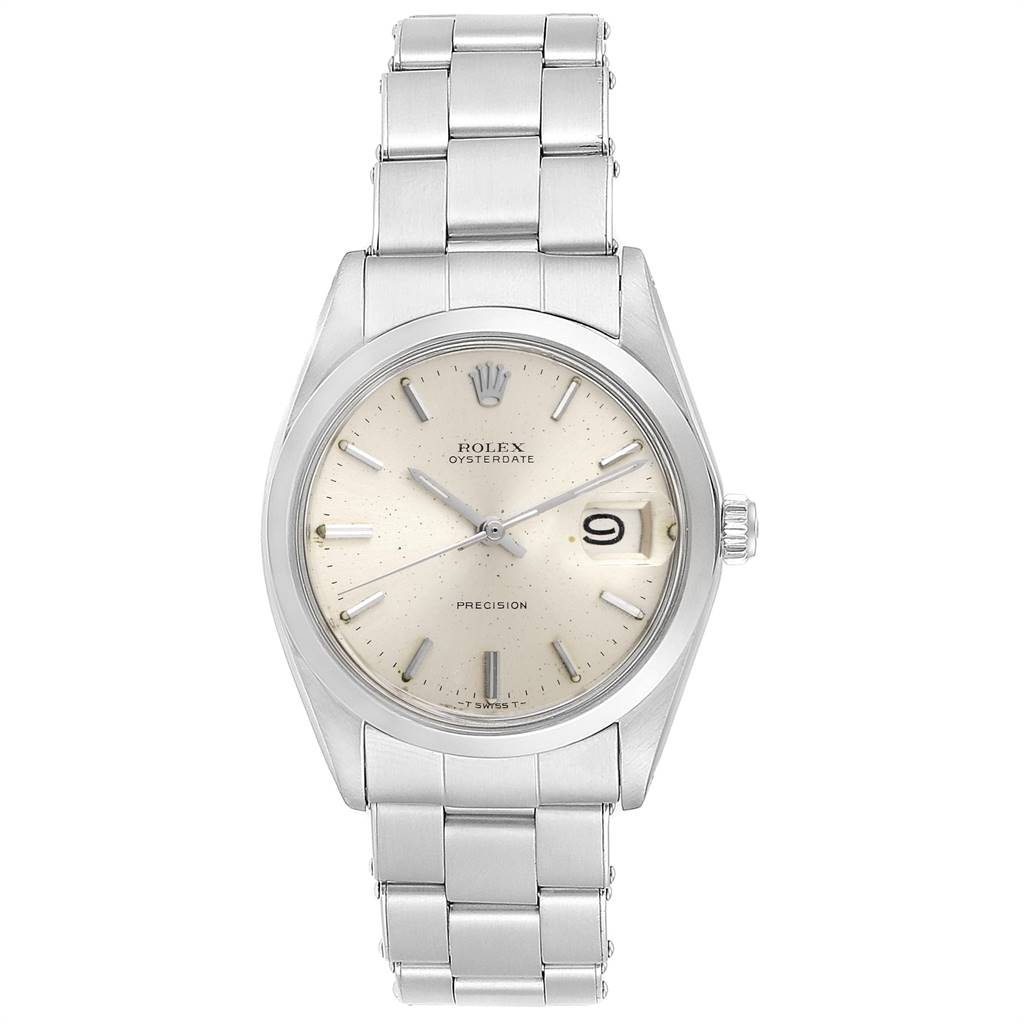 This image shows a front view of the Rolex Vintage Collection 6694 Men's Stainless Steel Silver Dial 6694 Men's Stainless Steel Silver Dial watch, highlighting its face, bezel, and stainless steel bracelet.