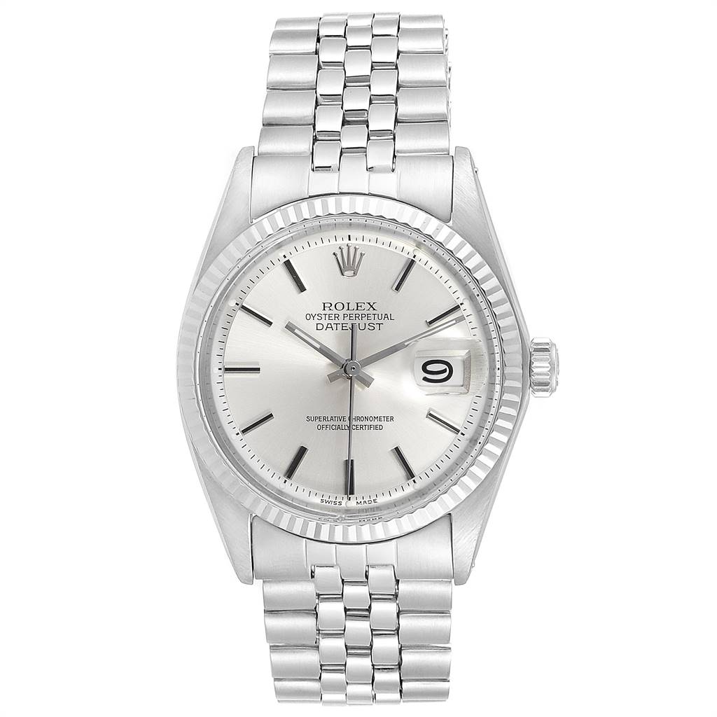 This image shows a front angle of a Rolex Vintage Collection 1601 Men's Stainless Steel Silver Dial 1601 Men's Stainless Steel Silver Dial Oyster Perpetual Datejust watch, highlighting its face, bezel, and bracelet.