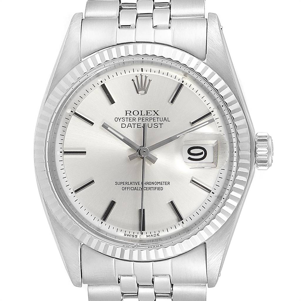This is a frontal view of the Rolex Vintage Collection 1601 Men's Stainless Steel Silver Dial 1601 Men's Stainless Steel Silver Dial Datejust, showcasing the dial, crown, and part of the bracelet.
