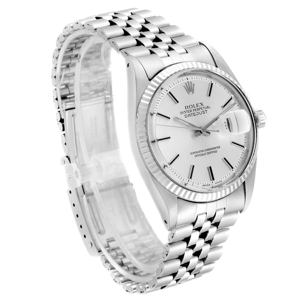 The image shows a diagonal view of the Rolex Vintage Collection 1601 Men's Stainless Steel Silver Dial 1601 Men's Stainless Steel Silver Dial Oyster Perpetual Datejust watch, highlighting the face and bracelet.