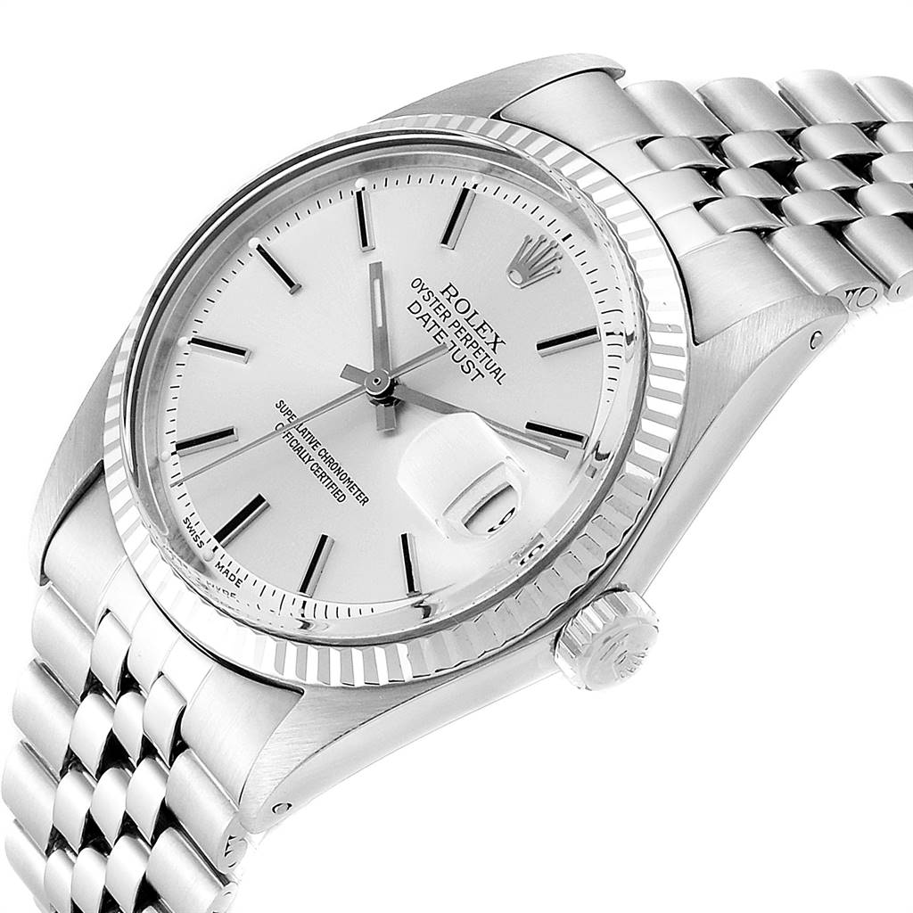 This image shows a Rolex Vintage Collection 1601 Men's Stainless Steel Silver Dial 1601 Men's Stainless Steel Silver Dial Oyster Perpetual Datejust at an angled view, highlighting the dial, bezel, and bracelet.