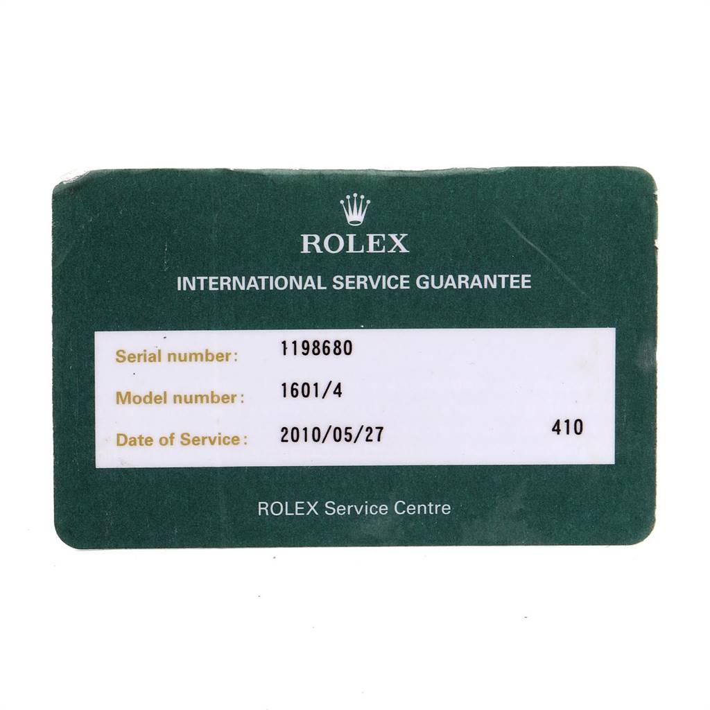 The image shows a Rolex Vintage Collection 1601 Men's Stainless Steel Silver Dial 1601 Men's Stainless Steel Silver Dial International Service Guarantee card with serial and model numbers.