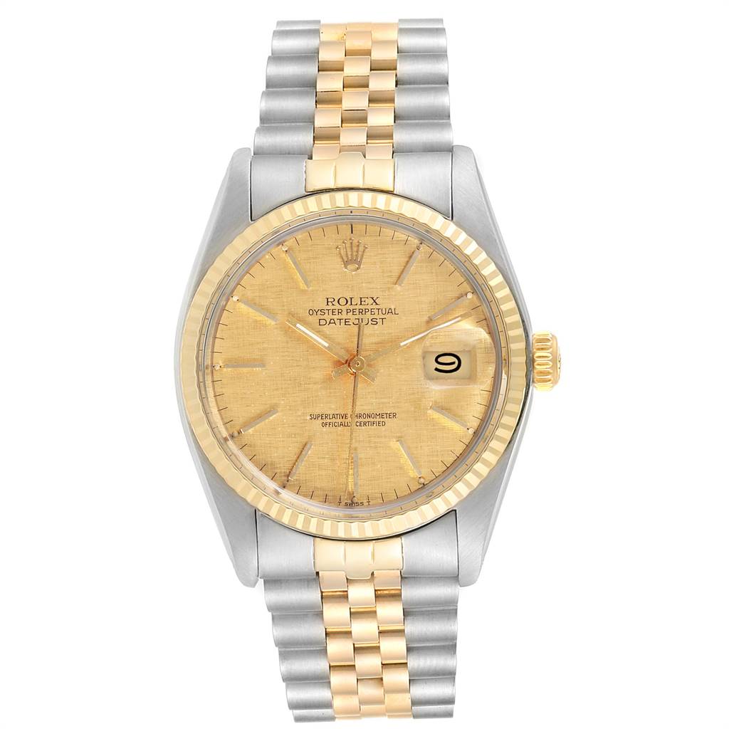 The Rolex Vintage Collection 16013 Men's Stainless Steel Champagne Dial 16013 Men's Stainless Steel Champagne Dial model watch is shown from the front, displaying its dial, bezel, crown, and two-tone stainless steel and gold bracelet.