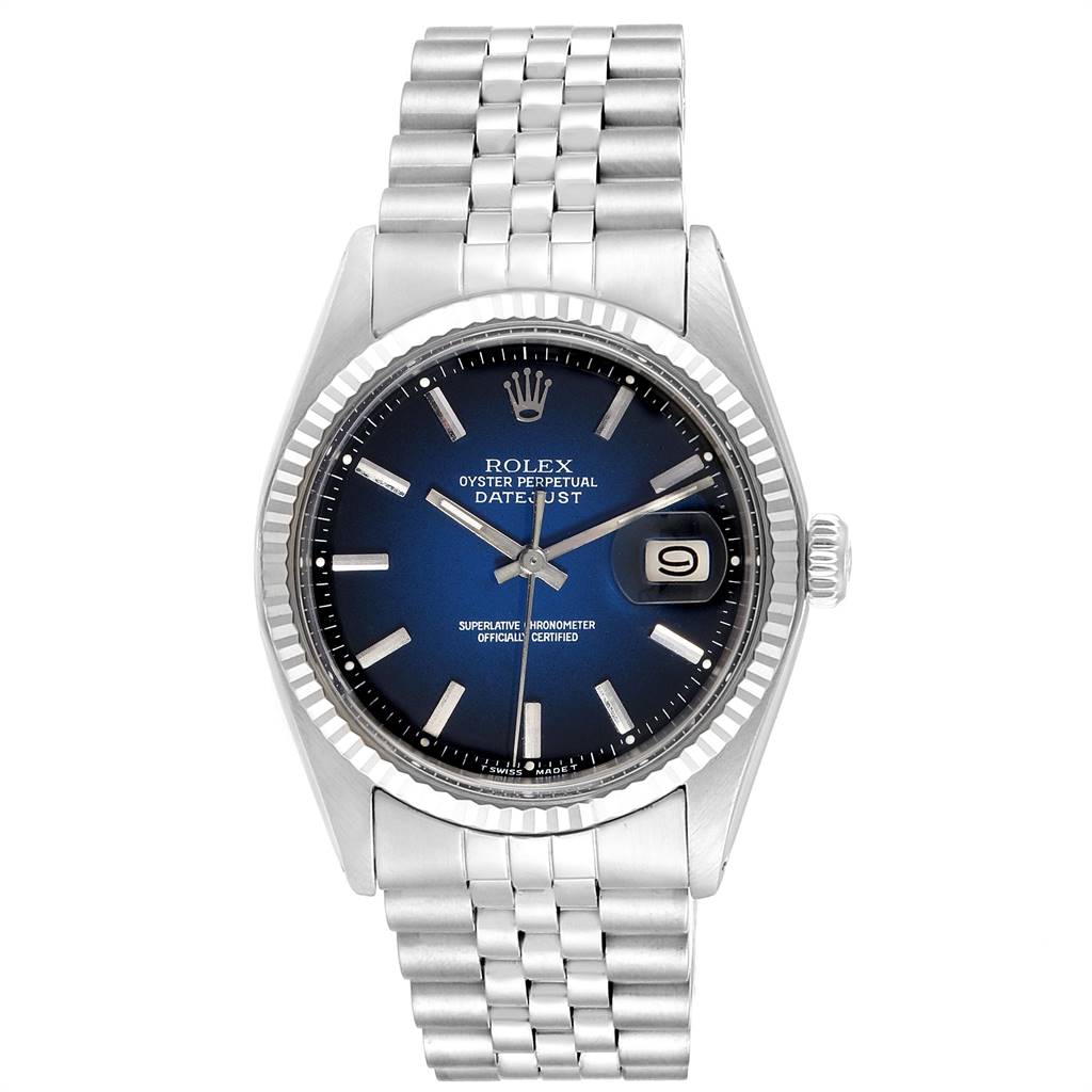 This image shows a front view of a Rolex Vintage Collection 1601 Men's Stainless Steel Blue Dial 1601 Men's Stainless Steel Blue Dial Oyster Perpetual Datejust watch with a stainless steel bracelet and blue dial.