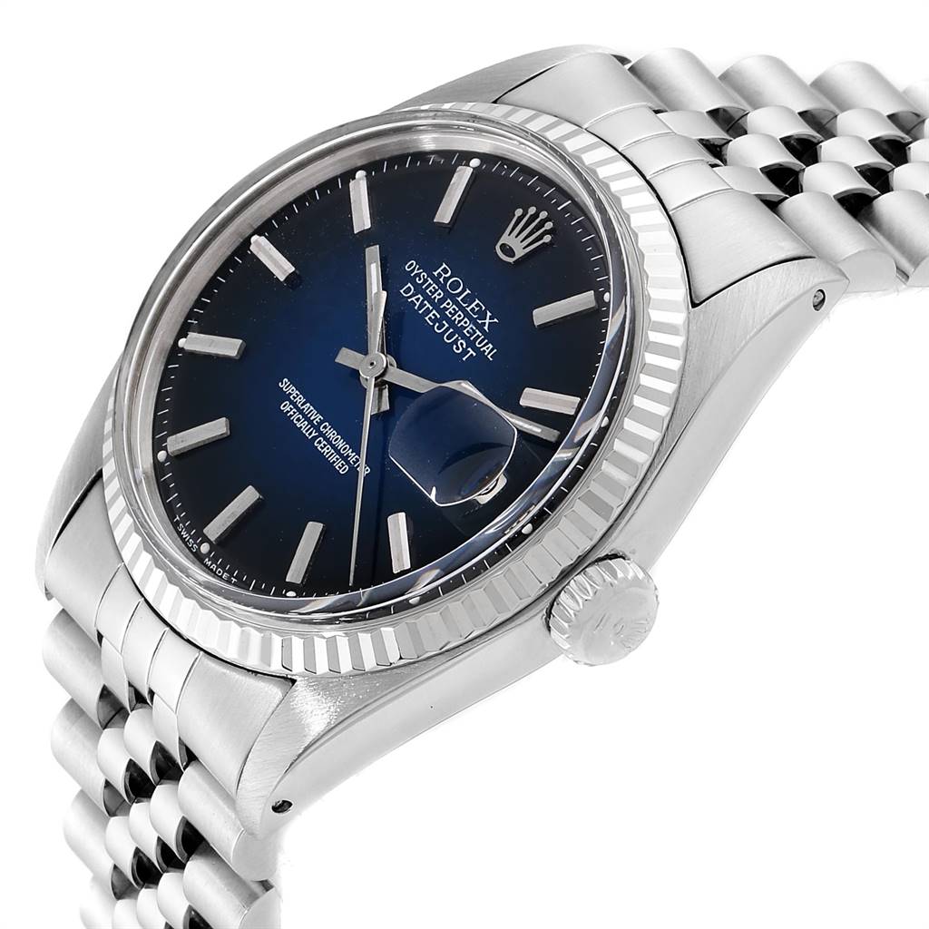 This image shows a close-up angled view of a Rolex Vintage Collection 1601 Men's Stainless Steel Blue Dial 1601 Men's Stainless Steel Blue Dial Datejust watch, highlighting its face, crown, and bracelet.