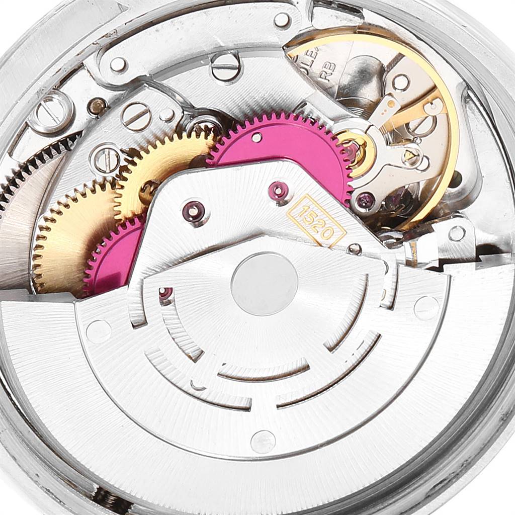 This image shows a close-up view of the internal movement mechanism of the Rolex Vintage Collection 5500 Men's Stainless Steel Silver Dial 5500 Men's Stainless Steel Silver Dial watch model.