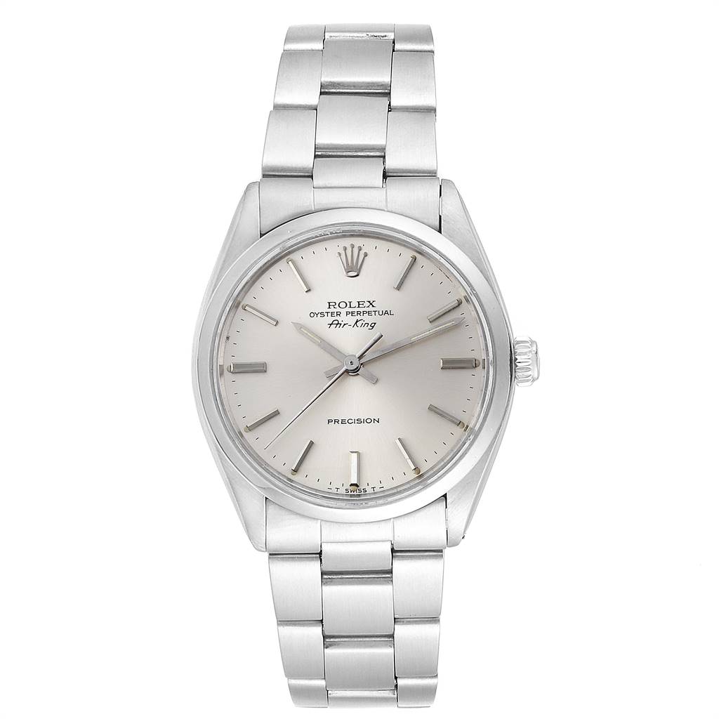 The image shows a front view of the Rolex Vintage Collection 5500 Men's Stainless Steel Silver Dial 5500 Men's Stainless Steel Silver Dial Air-King watch, highlighting its dial and bracelet.