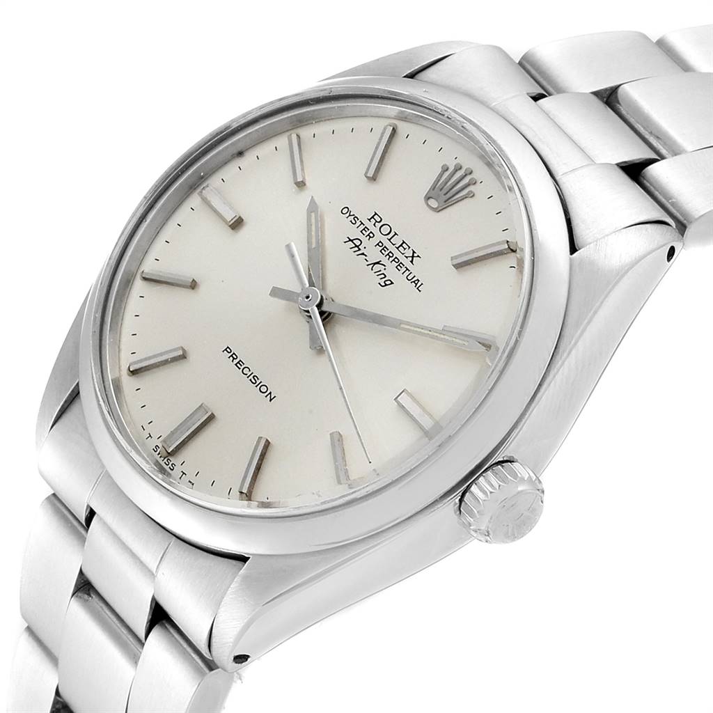 The image shows a Rolex Vintage Collection 5500 Men's Stainless Steel Silver Dial 5500 Men's Stainless Steel Silver Dial watch from a slight side angle, displaying its dial, bezel, and part of the bracelet.