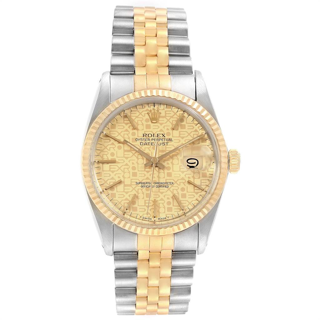 The image shows a front view of a Rolex Vintage Collection 16013 Men's Stainless Steel Champagne Dial 16013 Men's Stainless Steel Champagne Dial Datejust watch with a two-tone bracelet and gold bezel.