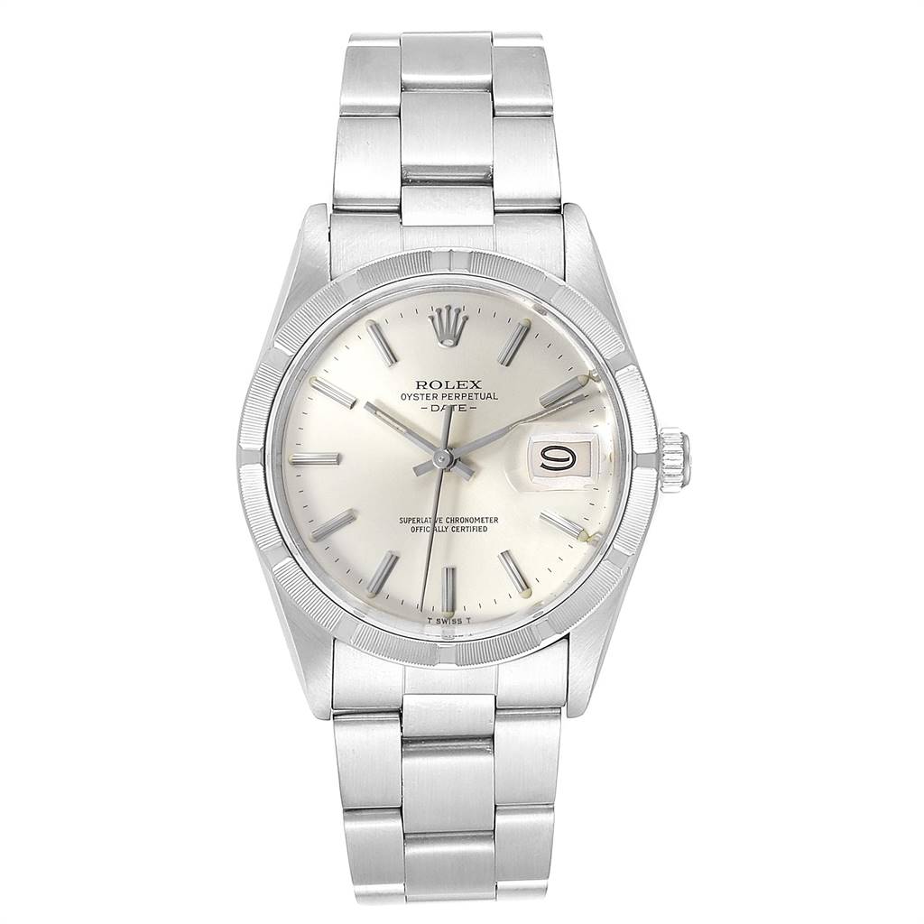 The image shows a front view of a Rolex Vintage Collection 15010 Men's Stainless Steel Silver Dial 15010 Men's Stainless Steel Silver Dial Oyster Perpetual Date watch, highlighting the dial, hands, and bracelet.