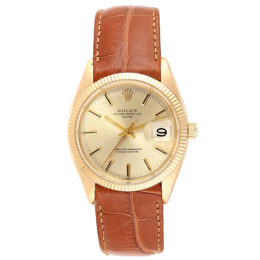 The image shows a front view of a Rolex Vintage Collection 1503 Men's Yellow Gold Champagne Dial 1503 Men's Yellow Gold Champagne Dial Oyster Perpetual Date watch with a gold dial and a brown leather strap.