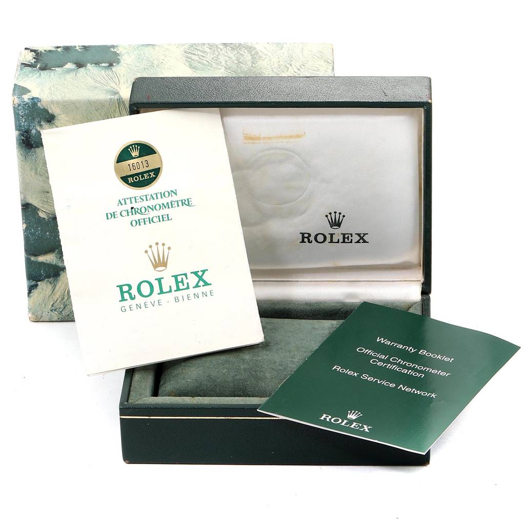 The image shows a Rolex Vintage Collection 16013 Men's Stainless Steel Black Dial 16013 Men's Stainless Steel Black Dial watch box, certificates, and warranty booklet from a top-front angle.