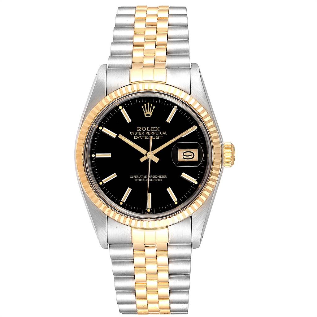 The image shows a front view of the Rolex Vintage Collection 16013 Men's Stainless Steel Black Dial 16013 Men's Stainless Steel Black Dial Datejust watch, highlighting its face, bezel, and bracelet.