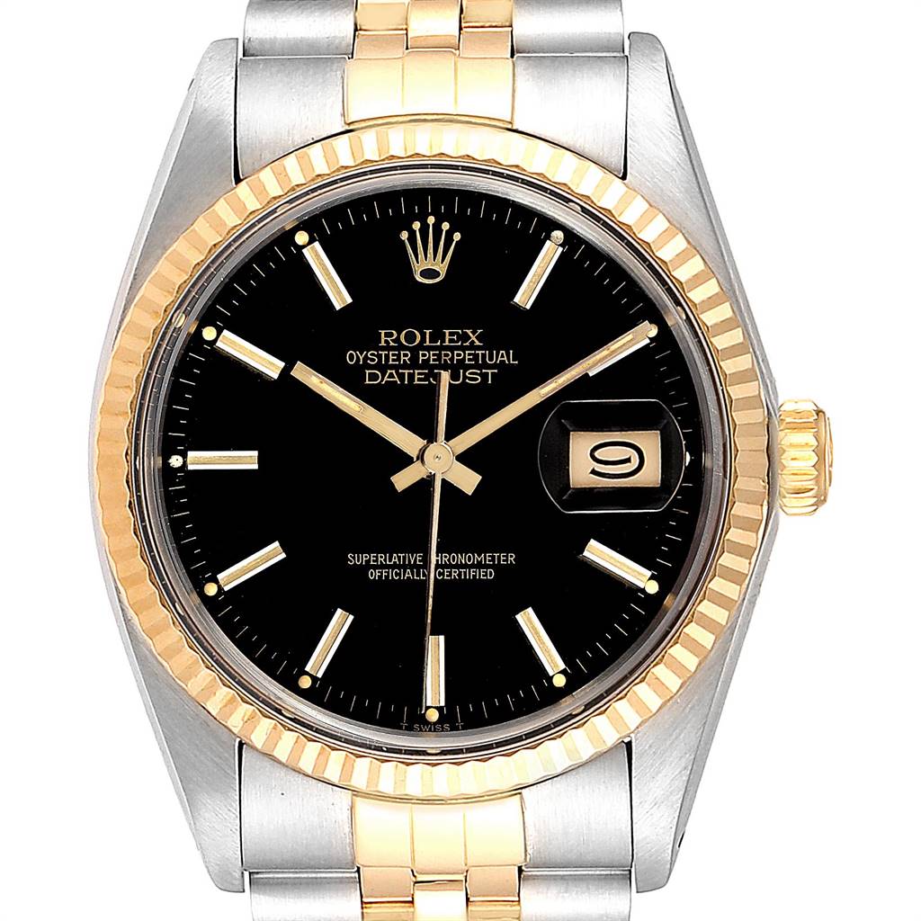 The image shows a front view of the Rolex Vintage Collection 16013 Men's Stainless Steel Black Dial 16013 Men's Stainless Steel Black Dial Datejust watch, displaying its black dial, date function, and two-tone bracelet.