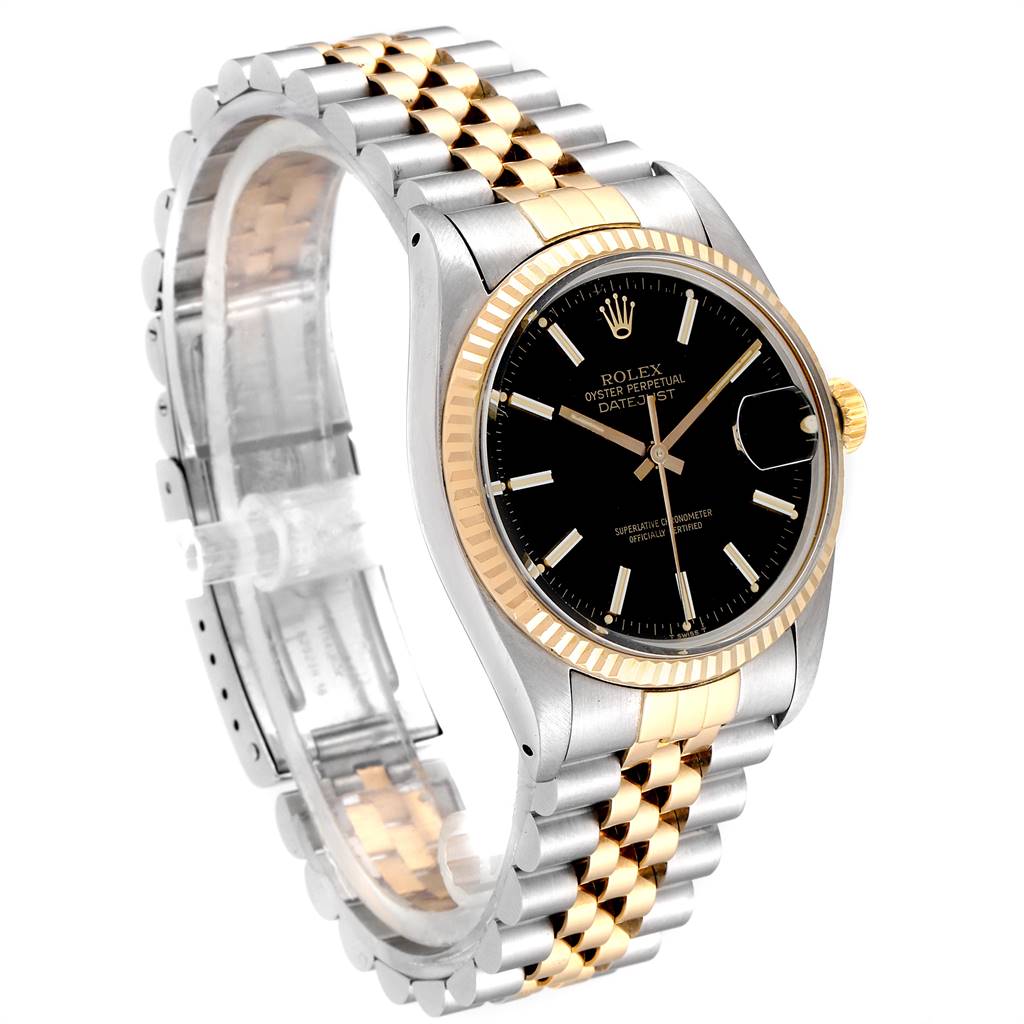 The image shows a Rolex Vintage Collection 16013 Men's Stainless Steel Black Dial 16013 Men's Stainless Steel Black Dial watch at an angled side view, displaying the face, crown, and two-tone bracelet.