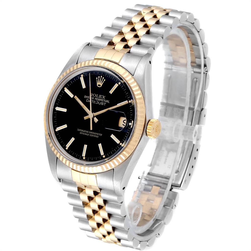 The Rolex Vintage Collection 16013 Men's Stainless Steel Black Dial 16013 Men's Stainless Steel Black Dial model is shown at a three-quarter angle, highlighting its black dial, gold bezel, and two-tone bracelet.
