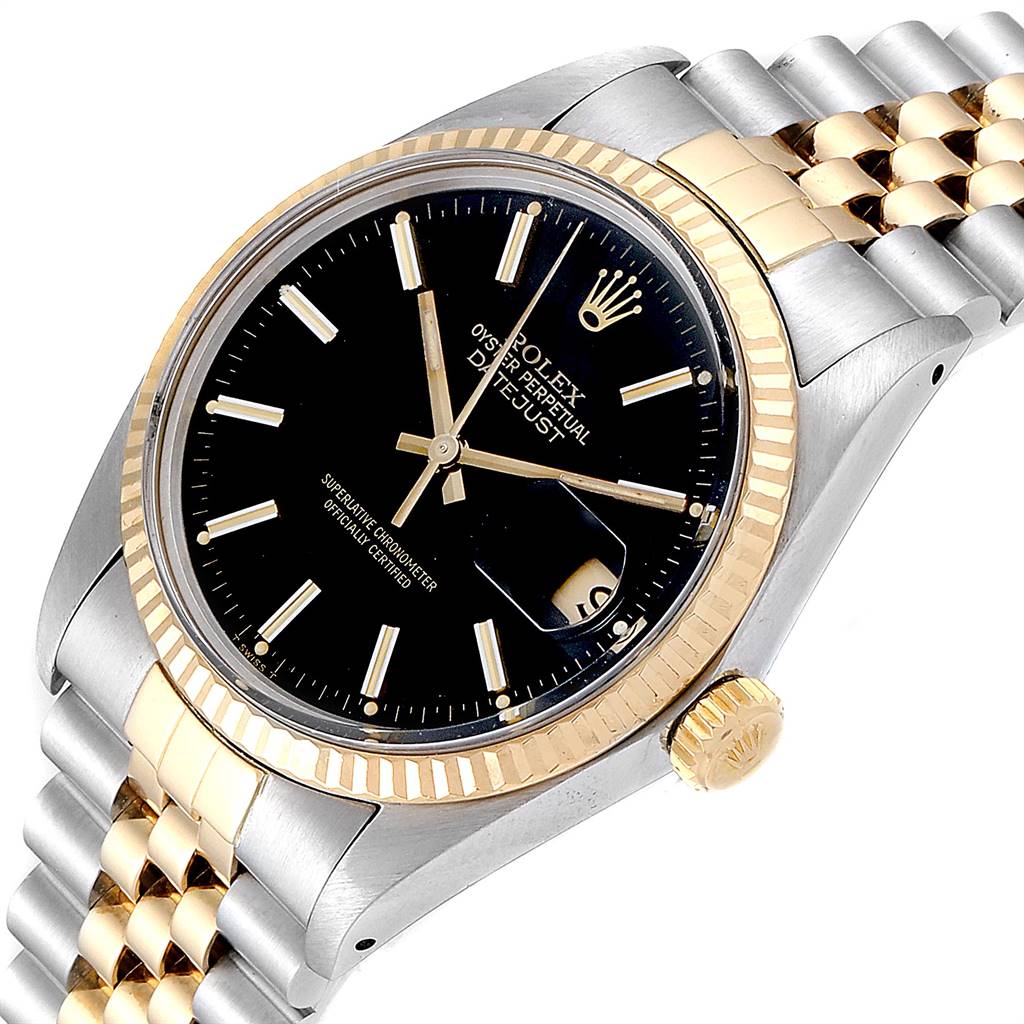 The image shows a Rolex Vintage Collection 16013 Men's Stainless Steel Black Dial 16013 Men's Stainless Steel Black Dial watch at an oblique angle, highlighting the black dial, gold bezel, and two-tone bracelet.