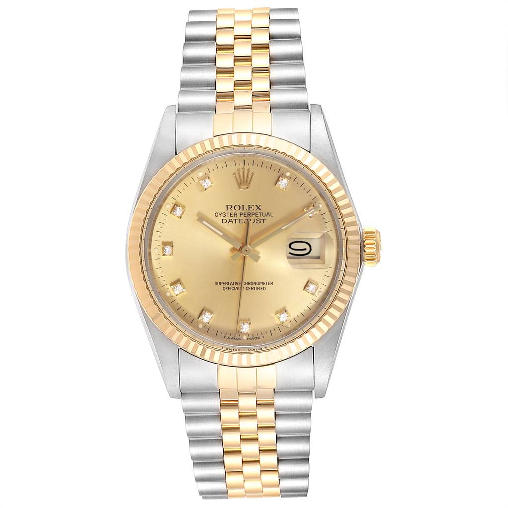 The image shows a front view of the Rolex Vintage Collection 16013 Men's Stainless Steel Champagne Dial 16013 Men's Stainless Steel Champagne Dial model watch, displaying its dial, bezel, and two-tone bracelet.