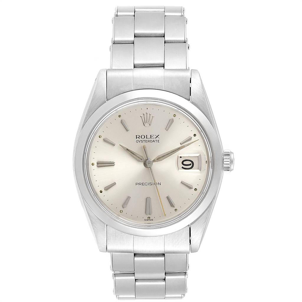 The watch is shown from a front angle, displaying the face, bezel, crown, and stainless steel bracelet of the Rolex Vintage Collection 6694 Men's Stainless Steel Silver Dial 6694 Men's Stainless Steel Silver Dial model.