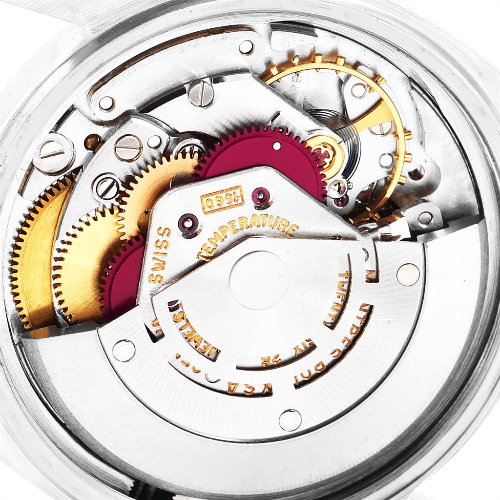 This is a close-up view of the internal mechanism of a Rolex Vintage Collection 1601 Men's Stainless Steel Silver Dial 1601 Men's Stainless Steel Silver Dial watch.