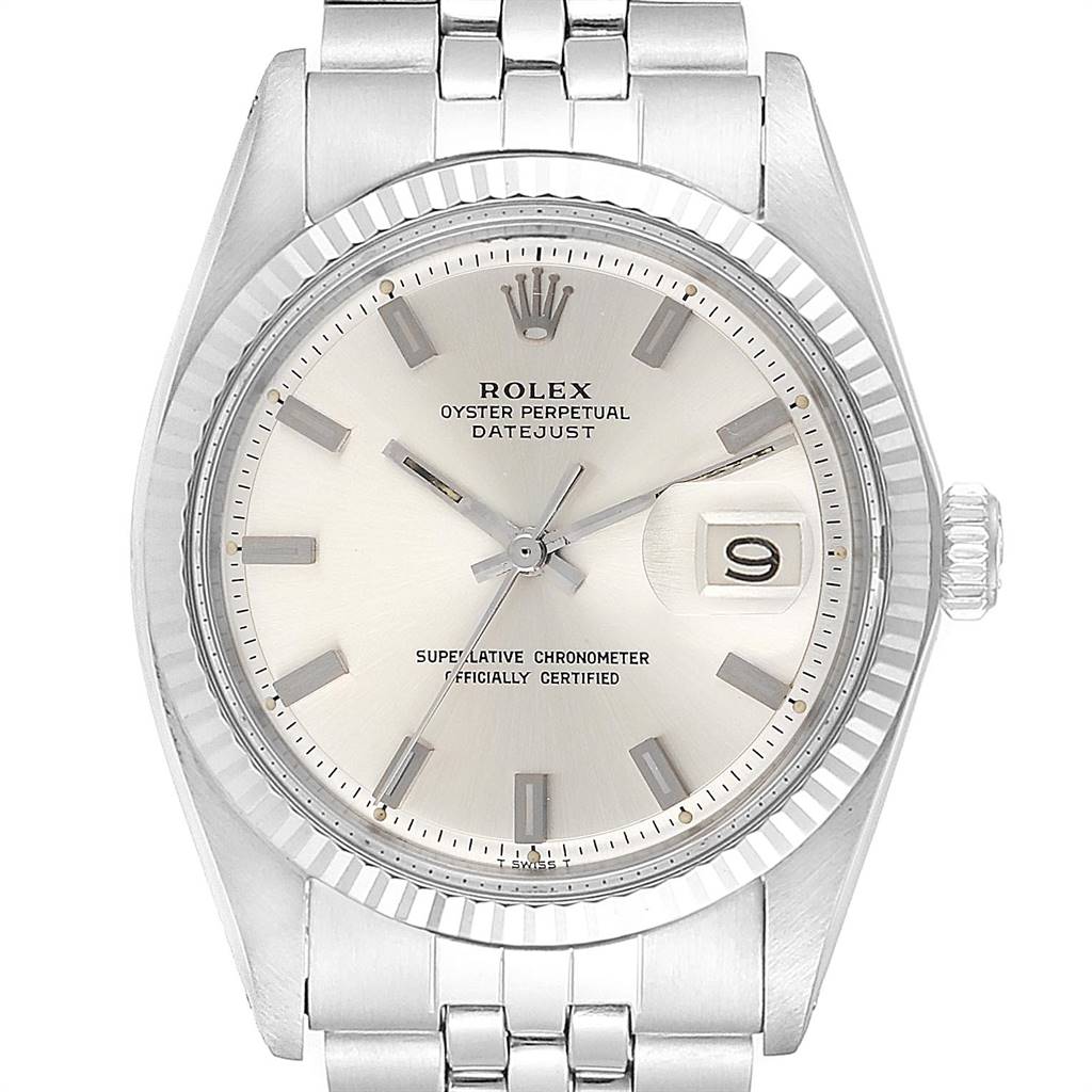 This image shows a Rolex Vintage Collection 1601 Men's Stainless Steel Silver Dial 1601 Men's Stainless Steel Silver Dial model watch from a front view, highlighting the face, bezel, crown, and bracelet.