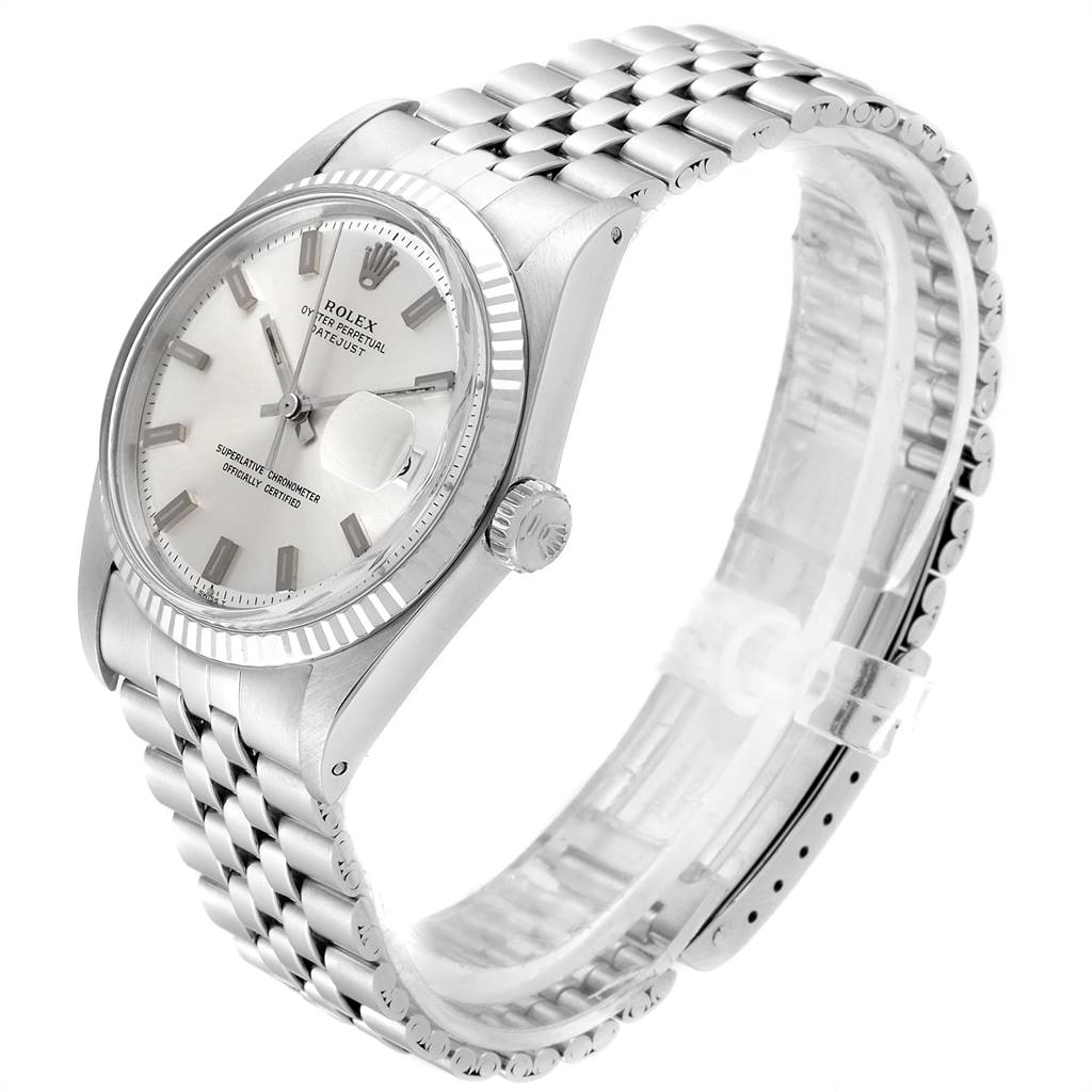 The image shows a Rolex Vintage Collection 1601 Men's Stainless Steel Silver Dial 1601 Men's Stainless Steel Silver Dial watch at a slight angle, highlighting the face, bezel, crown, and metal bracelet.