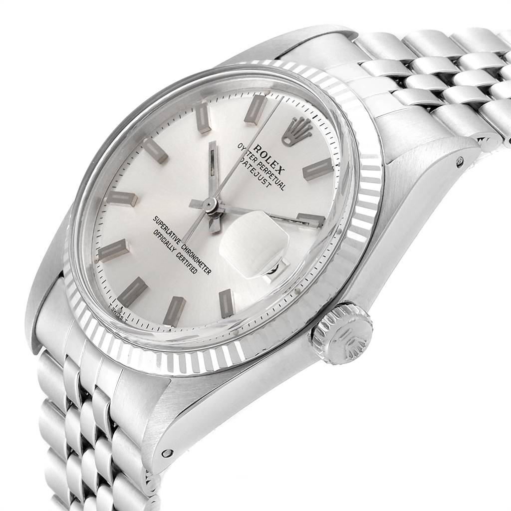 This is a Rolex Vintage Collection 1601 Men's Stainless Steel Silver Dial 1601 Men's Stainless Steel Silver Dial model, shown from an angled close-up, highlighting the face, crown, and bracelet.