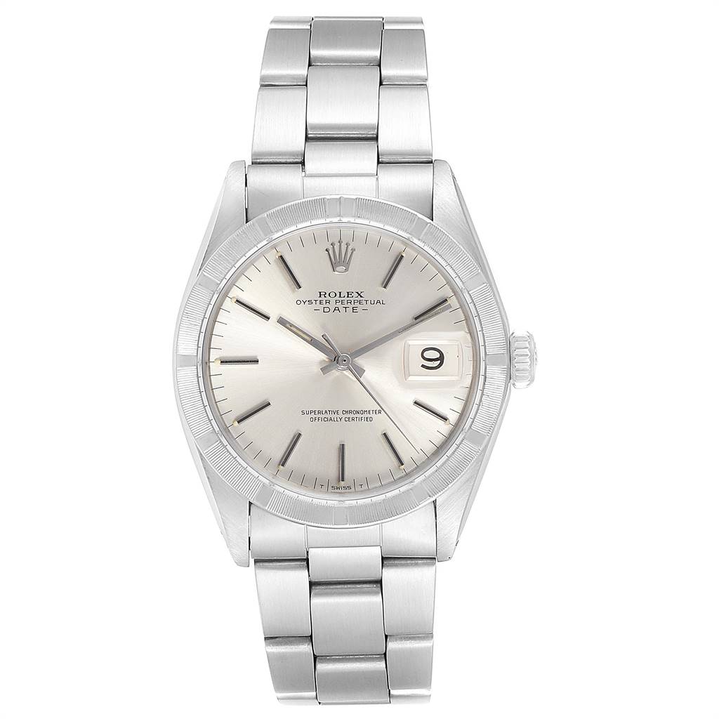 The image shows a front view of the Rolex Vintage Collection 1501 Men's Stainless Steel Silver Dial 1501 Men's Stainless Steel Silver Dial Oyster Perpetual Date watch, displaying its dial, hands, date window, and bracelet.