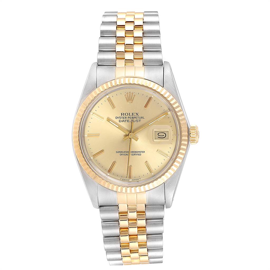 The Rolex Vintage Collection 16013 Men's Stainless Steel Champagne Dial 16013 Men's Stainless Steel Champagne Dial model is shown from the front, featuring the face, bezel, crown, and bracelet.