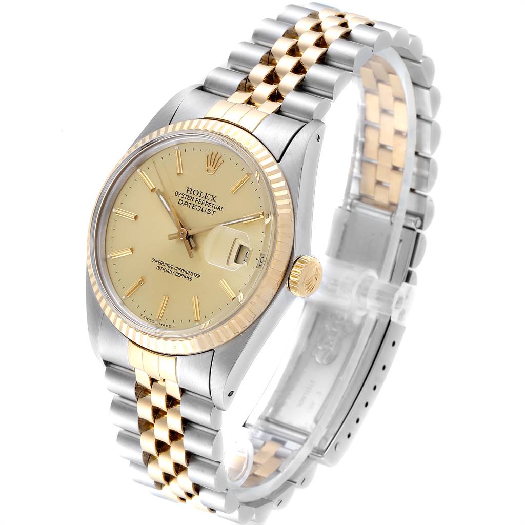 The image shows a Rolex Vintage Collection 16013 Men's Stainless Steel Champagne Dial 16013 Men's Stainless Steel Champagne Dial watch, angled to display the face, bezel, crown, and jubilee bracelet.