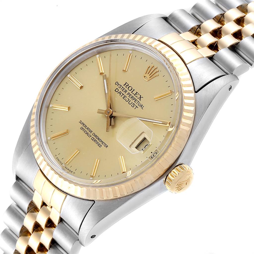 The Rolex Vintage Collection 16013 Men's Stainless Steel Champagne Dial 16013 Men's Stainless Steel Champagne Dial watch is shown at an angled close-up, highlighting the face, bezel, crown, and part of the bracelet.